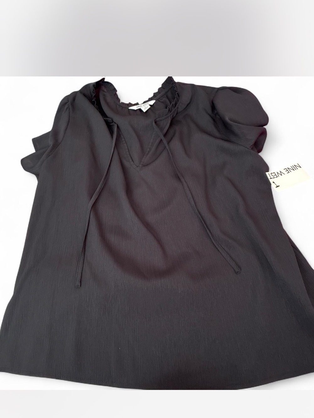 Nine West Black Tie-Detail Puff Sleeve Blouse